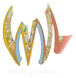 Well-Being Manifesto logo. Stylized "W" illustration with gold and pastel outlines, filled with intricate scenes depicting nature, community, health, and sustainability.