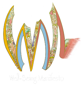Well-Being Manifesto logo. Stylized "W" illustration with gold and pastel outlines, filled with intricate scenes depicting nature, community, health, and sustainability.