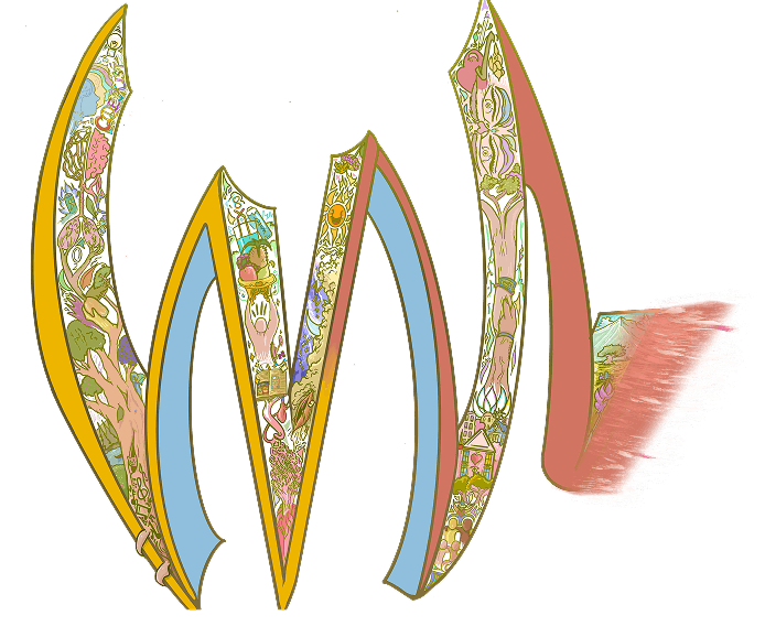 Well-Being Manifesto logo. Stylized "W" illustration with gold and pastel outlines, filled with intricate scenes depicting nature, community, health, and sustainability.